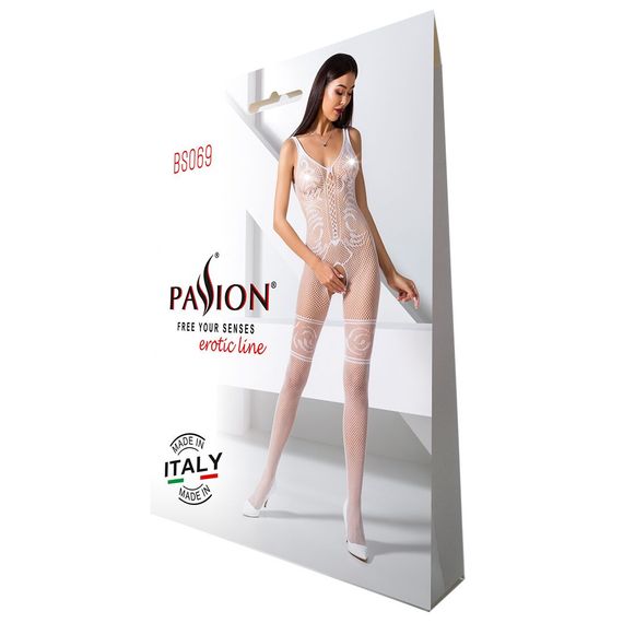 Бодістокінг Passion BS069 white, комбінезон, імітація панчох і боді | Зображення 4