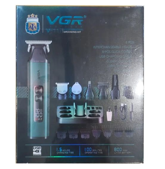 Триммер VGR V-117 Green 6в1 мужской с питанием от аккумулятора 14 насадок с LED дисплеем на подставке Зеленый | Зображення 2