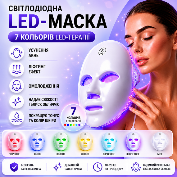 LED-маска для обличчя 7 в 1 бездротова фототерапія — омолодження та лікування акне | Зображення 1