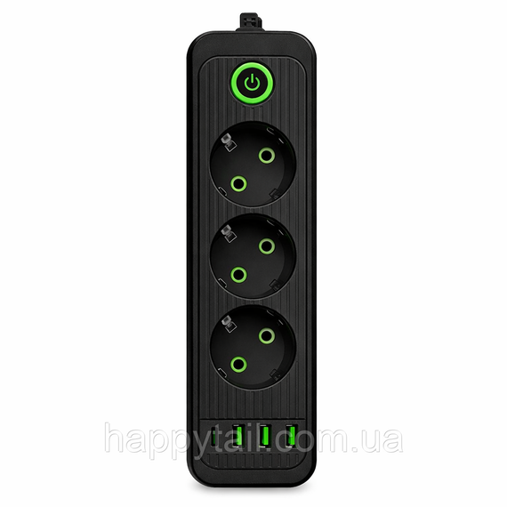 Мережевий фільтр чорний з вимикачем 3 розетки 3хUSB-A 1xUSB-C 3м HP-5-34