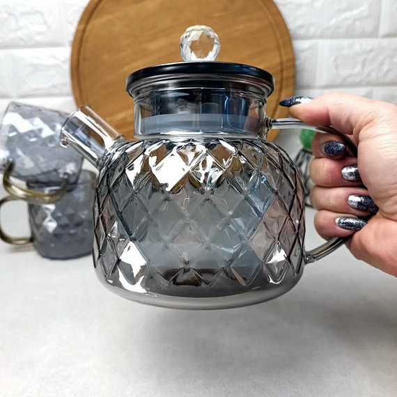 Термостойкий стеклянный чайник Topaz Crystal GK-5511 1 л декоративный рельефный дизайн Серый перламутр | Зображення 2