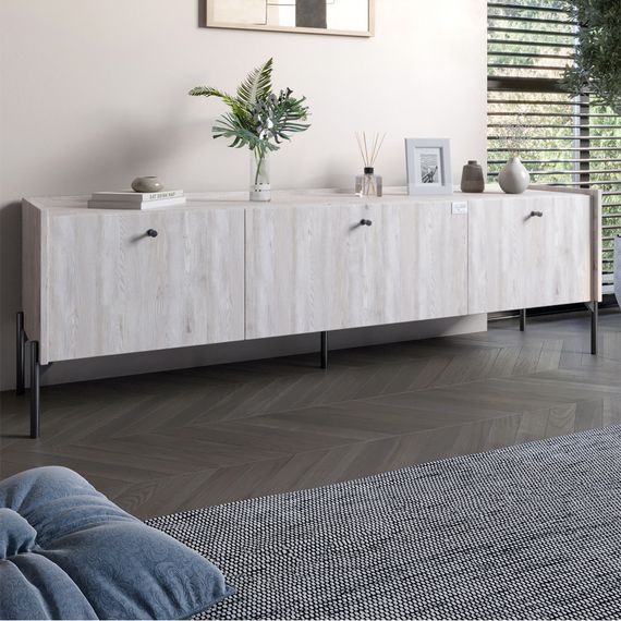 Тумба під телевізор на 3 шухляди LION Wood з чорними ніжками 160х65х40 см Самоа Димчастий (LION-043104)