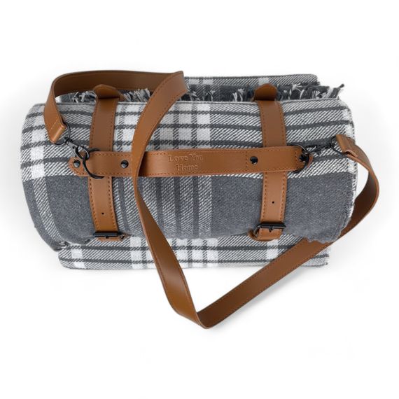 Плед тревел хлопковый клетка серый с ремнем Love You | Зображення 2