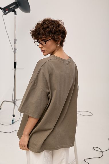 Оверсайз футболка з принтом "Coffee Cups" - хакі цвет, ONE SIZE (є розміри) | Зображення 1