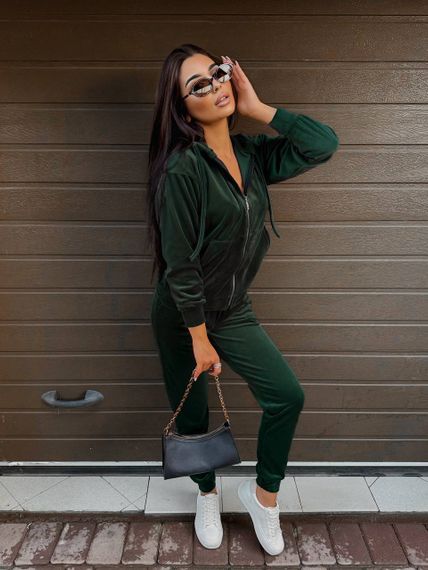 Женский велюровый спортивный костюм с кофтой на молнии размер М цвет темно-зеленый Vi114