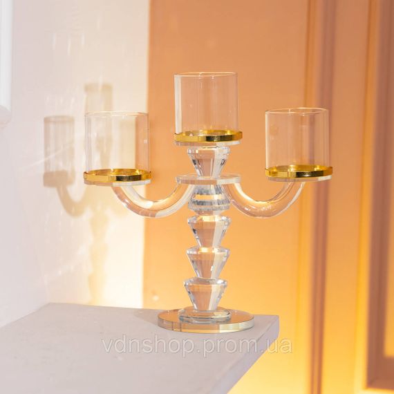 Канделябр на 3 свічки 23×9×23.5 см підсвічник скляний декоративний із золотою окантовкою HP-4-35 | Зображення 3