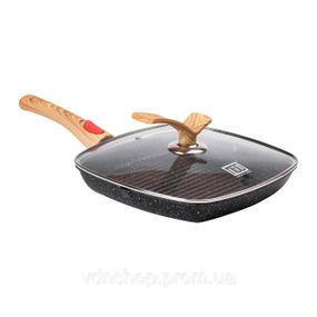 Алюмінієва сковорода-гриль 28 см зі скляною кришкою, квадратна, чорна MGC HP-4-462B