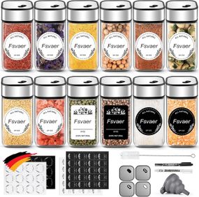 Набір з 12 баночок для спецій Fsvaer, скло та нержавіюча сталь, 120 мл, з кришкою на 3 режими, воронкою, наліпками та маркером