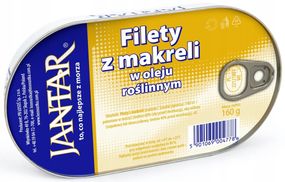 Филе скумбрии (макрели) цельные в растительном масле Jantar, 160 г ж/б, Польша