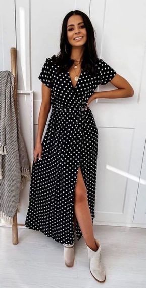 Женское летнее длинное платье в горох на запах софт PA293  цвет черный размер 44/46 (M)