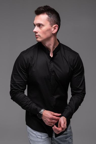 Мужская хлопковая рубашка с воротником стойка и длинным рукавом на пуговицах цвет черный, размер М  RA2392 | Зображення 3