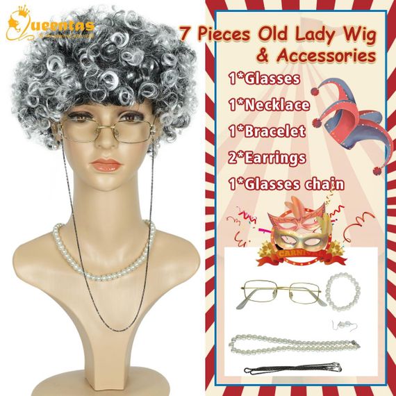 Перука сива бабуся кучерява, термостійка, набір комплект для косплею, свят, Геловіну, корпоратив, вистав | Зображення 2