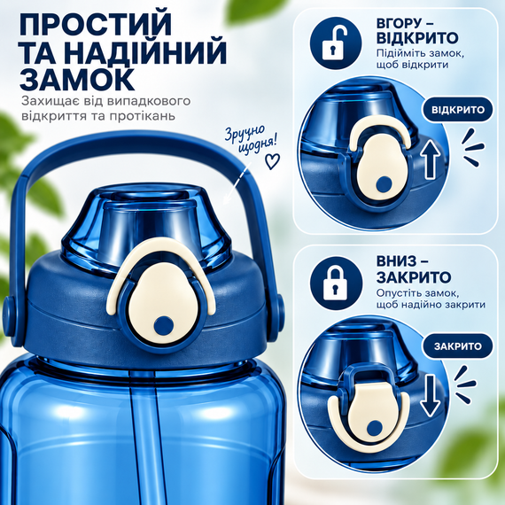 Пластикова спортивна пляшка 2000 мл Keepon з герметичною кришкою та зручною ручкою широким горлом та соломинкою Синя | Зображення 3