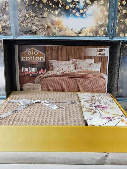 Постельное белье летнее Bio Cotton Kahve Ранфорс (покрывало вафельное) Евро размер