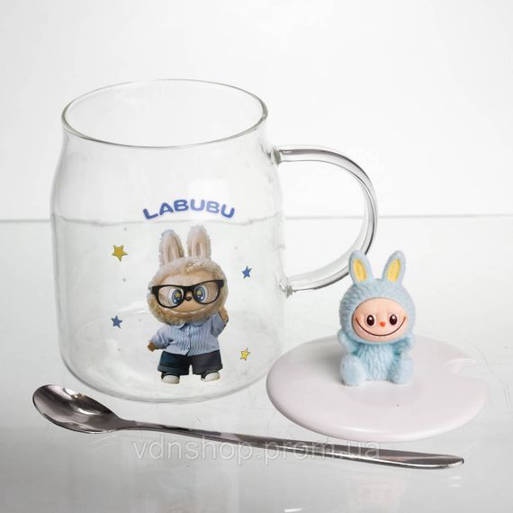 Новорічна велика скляна чашка "Лабубу" з кришкою та ложкою 600 мл, Святкова кружка чашка для дітей на подарунок Блакитний FM-56D | Зображення 3