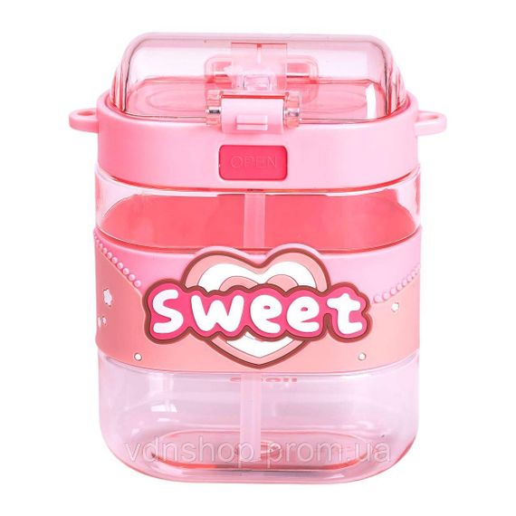 Бутылка для воды детская с трубочкой и ремешком 560 мл бутылочка для питья в школу 15 см Розовая HP-14-36P | Зображення 2