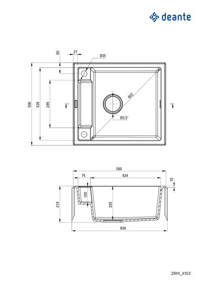 Мийка кухонна Deante Magnetic, граніт, квадрат, без крила, 560х500х219мм, чаша - 1, врізна, сірий (ZRM_S103) | Зображення 4