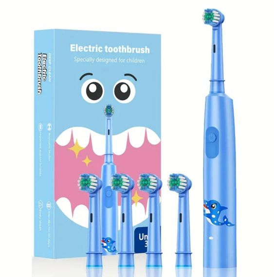 Дитяча електрична зубна щітка з 4 насадками, 3 режимами, Type-C зарядкою (водонепроникна). Синя | Зображення 1