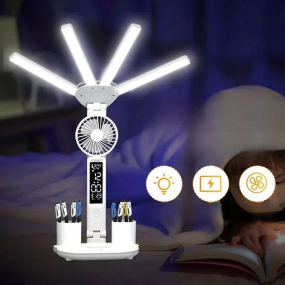 Настільна LED-лампа KRX-1011 з вентилятором, годинником і підставкою | Зображення 4
