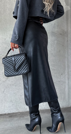 Женская утепленная юбка миди с высоким вырезом эко кожа на флисе LI2001 цвет черный, размер 42/44 | Зображення 4