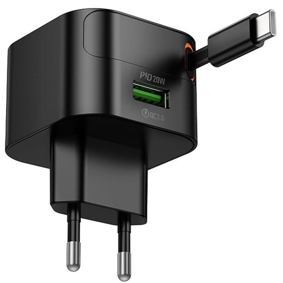 СЗУ Hoco C154A Changer With Retractable Cable Type-C PD20W+QC3.0 (1USB-C) Black | Зображення 4
