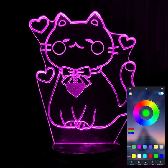 Акриловий світильник-нічник керування з телефона Кішечка з сердечками tty-n001555