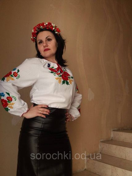 Вишиванка жіноча, вишивка тамбурна, квіти, "червоні маки з волошками та смужками", домоткана тканина | Зображення 1