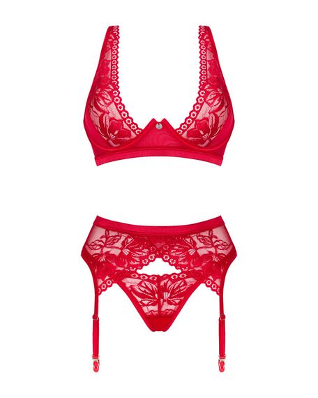 Комплект білизни Obsessive Lacelove cupless 3-pcs set XL/2XL Red, бюстгальтер, стрінги, пояс для панчіх | Зображення 2