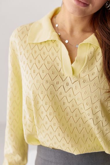 Кофта-поло з ажурної в'язки - лимонний цвет, ONE SIZE (є розміри) | Зображення 3