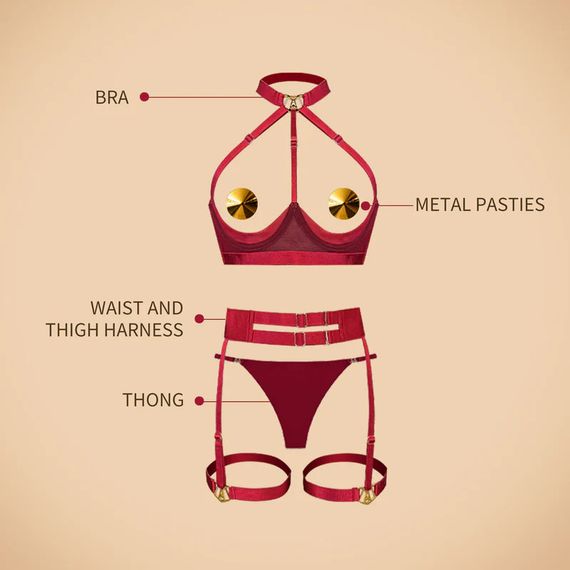 Комплект белья UPKO Lingerie Set с золотыми пэстисами, красный, One Size sexstyle | Зображення 8