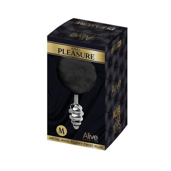 Металлическая анальная пробка Кроличий хвостик Alive Fluffy Twist Plug M Black, диаметр 3,4 см | Зображення 2