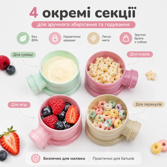 Контейнер-дозатор для детской смеси 4 секции, разборной органайзер для каши и снеков Мятный | Зображення 1