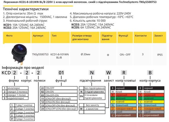 Перемикач KCD1-8-101WN BL/B 220V 1 кл синій круглий вологозахист з підсвічуванням Ny95500753 | Зображення 1