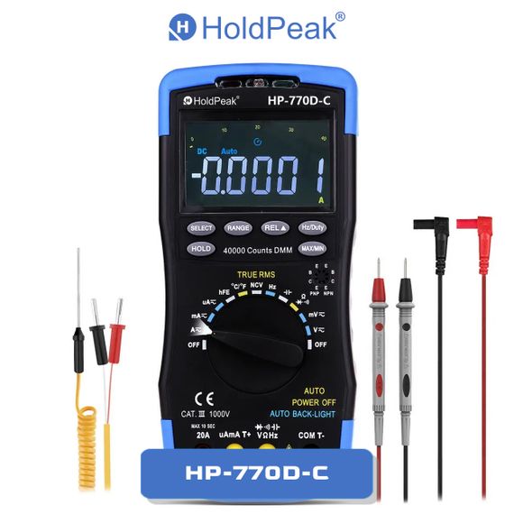 Мультиметр HoldPeak HP-770D-C профессиональный цифровой (TrueRMS 40000 отсчетов 1000В 20А AC/DC 40МОм 100мФ 10