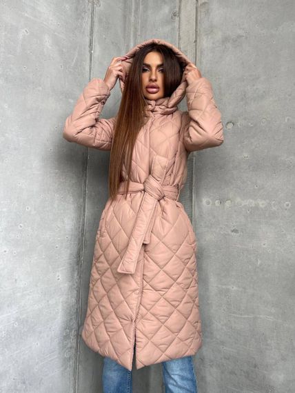 Женская длинная теплая куртка-пальто стеганая силикон 200, NA1044 цвет мокко, размер 38/40 | Зображення 6