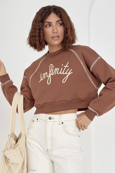 Короткий утепленный свитшот с вышитой надписью Infinity коричневый цвет S | Зображення 8