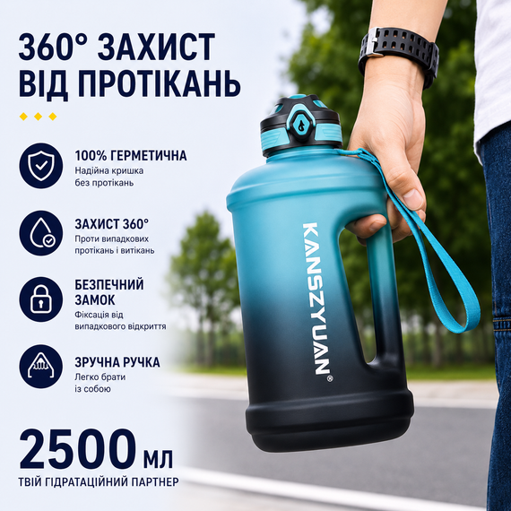 Спортивная бутылка для воды KANGZYUAN 1800 мл (1,8л) Синий градиент (BPA Free) Tritan | Зображення 2
