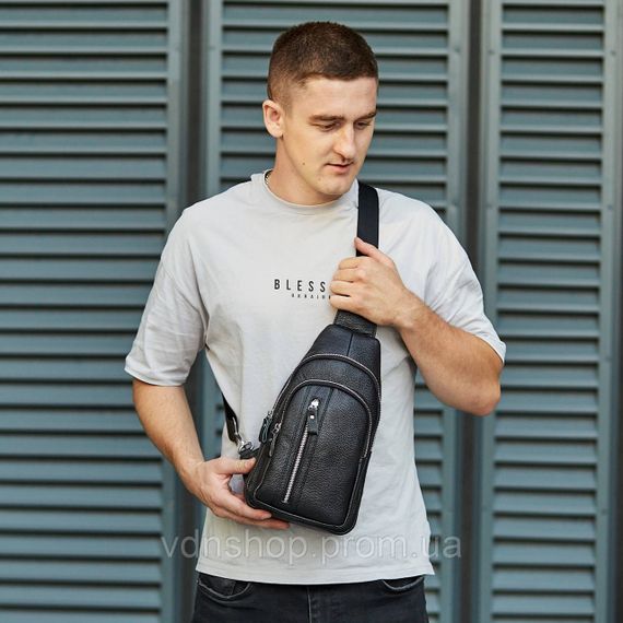 Сумка-слинг мужская на одно плечо 18х32х7, нагрудной рюкзак из натуральной кожи 74521 черный | Зображення 2