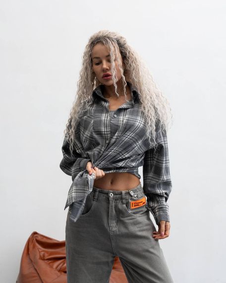 Женская фланелевая рубашка в клетку на пуговицах свободная, MN0003  цвет серый, размер S/M | Зображення 1