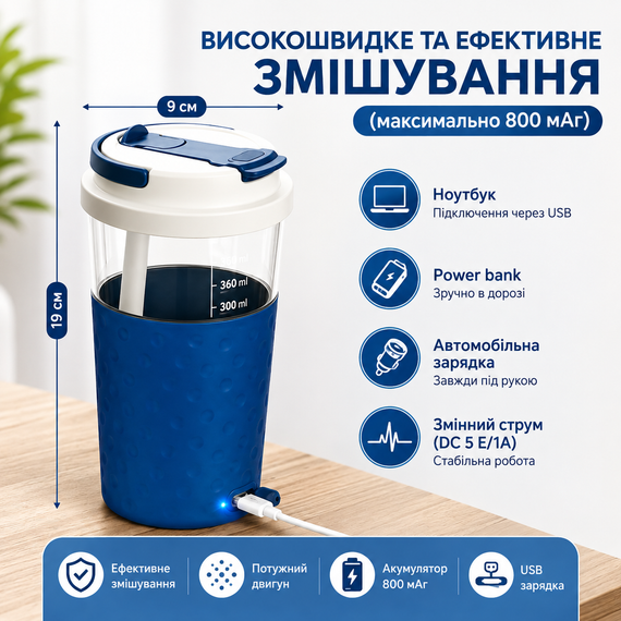 Электрический шейкер 500 мл — Синий, аккумуляторный с USB зарядкой для идеальных коктейлей | Зображення 3