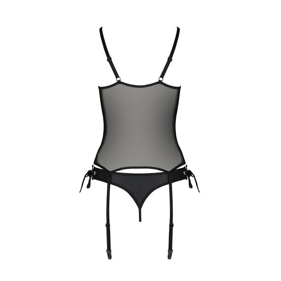 Корсет зі шнурівкою Passion NESSY CORSET S/M black, стрінги з відкритим доступом, пажі для панчіх | Зображення 3