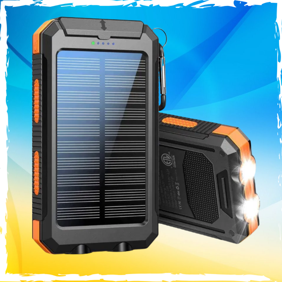 Павербанк Solar 20000 мАг з ліхтариком та сонячними панелями. Powerbank протиударний та водонепроникний | Зображення 1