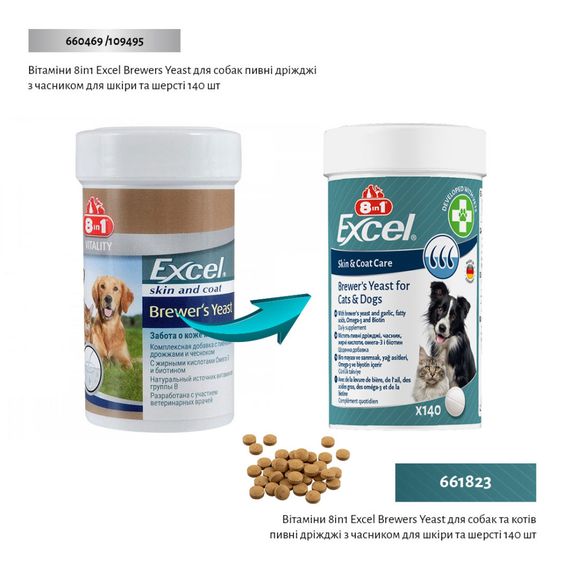 Вітаміни 8in1 Excel Brewers Yeast для собак та котів  пивні дріжджі з часником для шкіри та шерсті 140 шт | Зображення 1