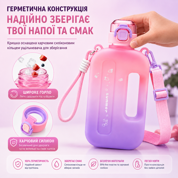 Эко-бутылка для воды 750 мл розовая градиент матовый, BPA-free с ремешком и мерной шкалой | Зображення 5