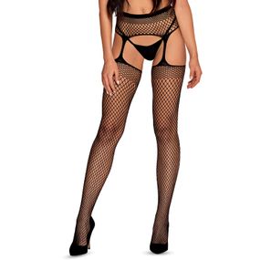 Панчохи-стокінги із сітки різного розміру Obsessive Garter stockingsS815S/M/L, чорні, імітація гарте, S/M/L