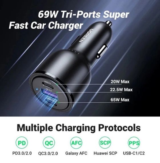 Автомобільний зарядний пристрій Ugreen CD239 2xUSB Type-C PD + USB-A Car Charger 69W Max Чорний | Зображення 5