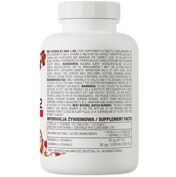 Вітамін D для спорту OstroVit Vitamin D3 4000+K2 110 Tabs | Зображення 1