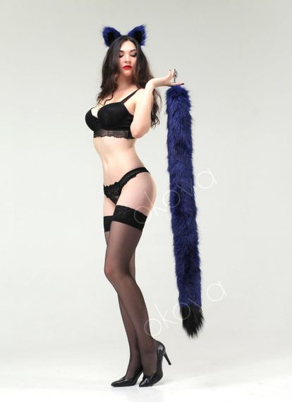 Анальний хутряний хвіст без пробки, Синій з чорним кінчиком, OKOVA 100 см. sexstyle | Зображення 4