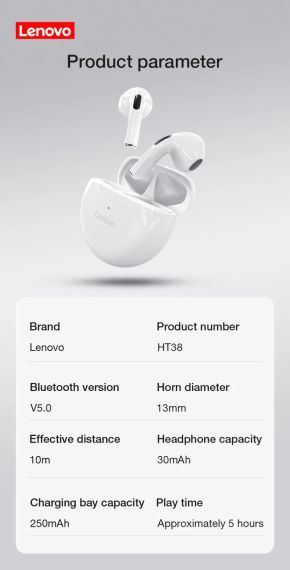 Бездротові навушники Lenovo Original HT38 Bluetooth 5.0 TWS Earphone | Зображення 3