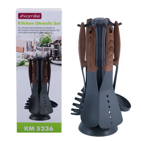 Набір з підставкою 7 предметів кухонного приладдя нейлонові з ручкою під дерево